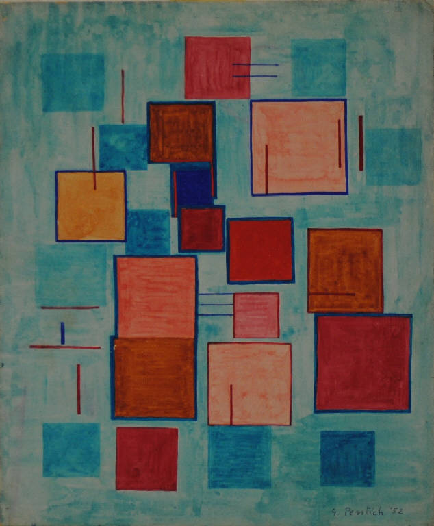 Teoria di rossi in campo azzurro (dipinto) di Pentich, Graziana (seconda metà sec. XX)