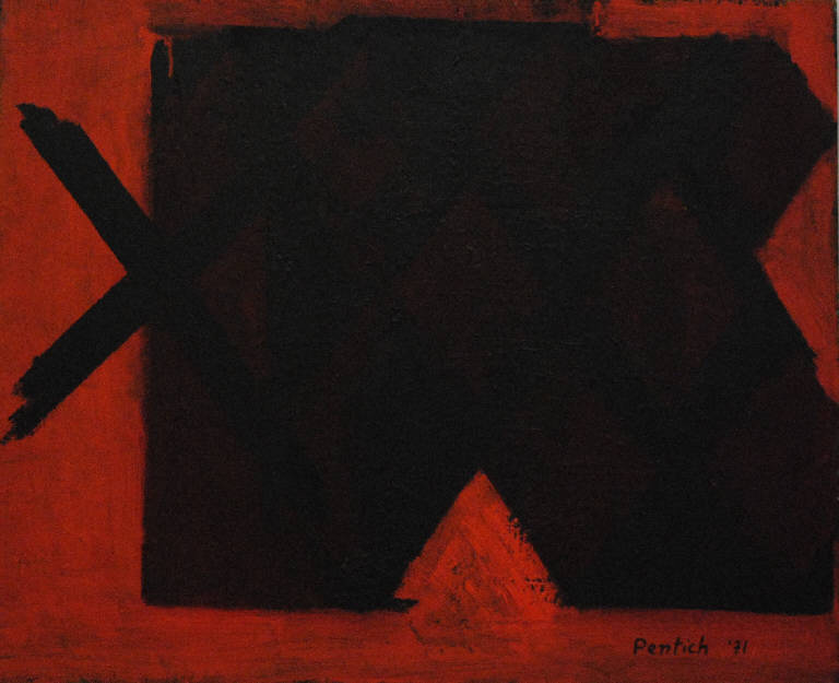 Composizione in campo rosso (dipinto) di Pentich, Graziana (terzo quarto sec. XX)