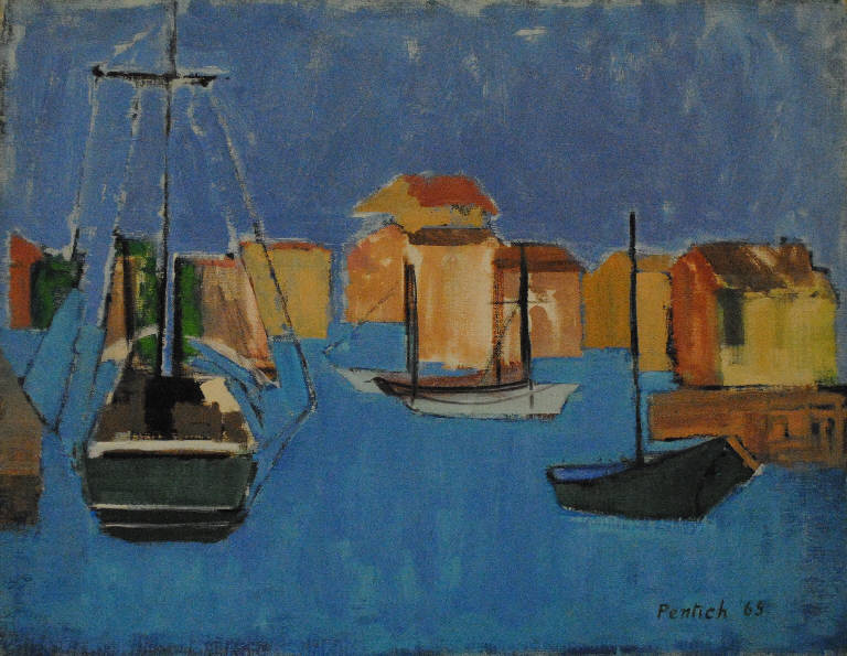 Piccolo porto azzurro (dipinto) di Pentich, Graziana (terzo quarto sec. XX)