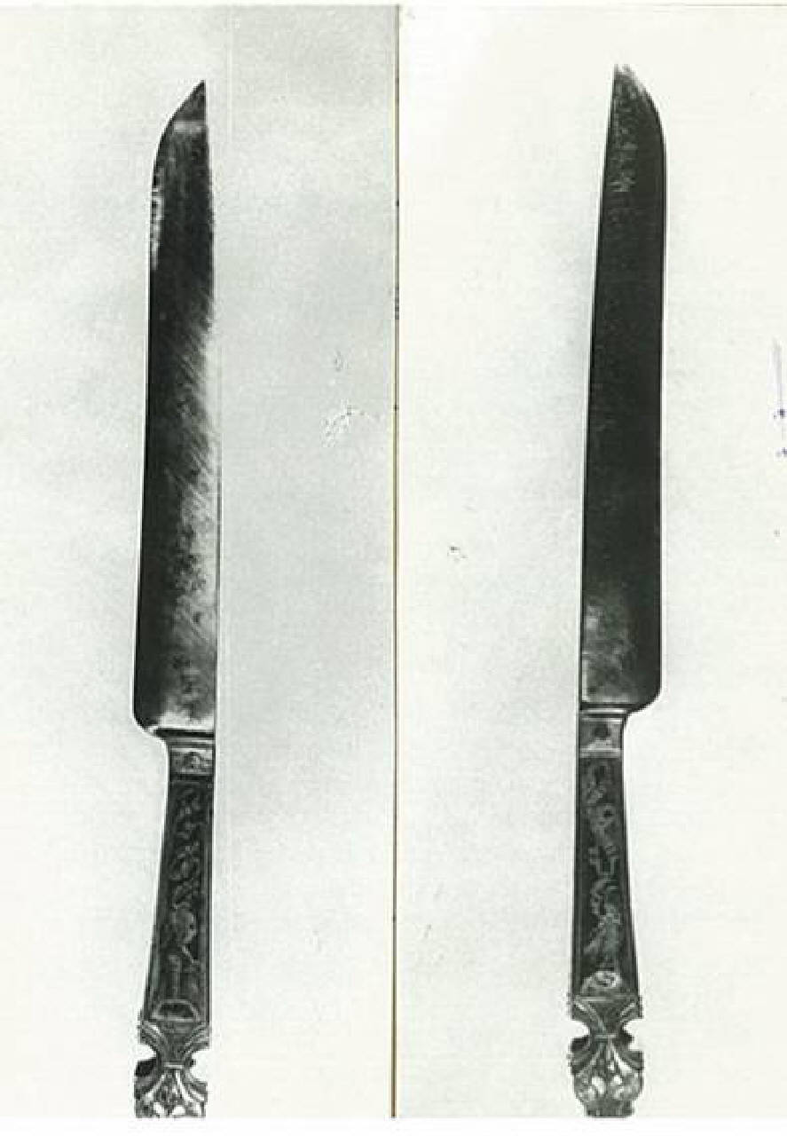 manico niellato a racemi, figure umane e scritte (servizio di 13 coltelli) - ambito italiano (fine sec. XV)