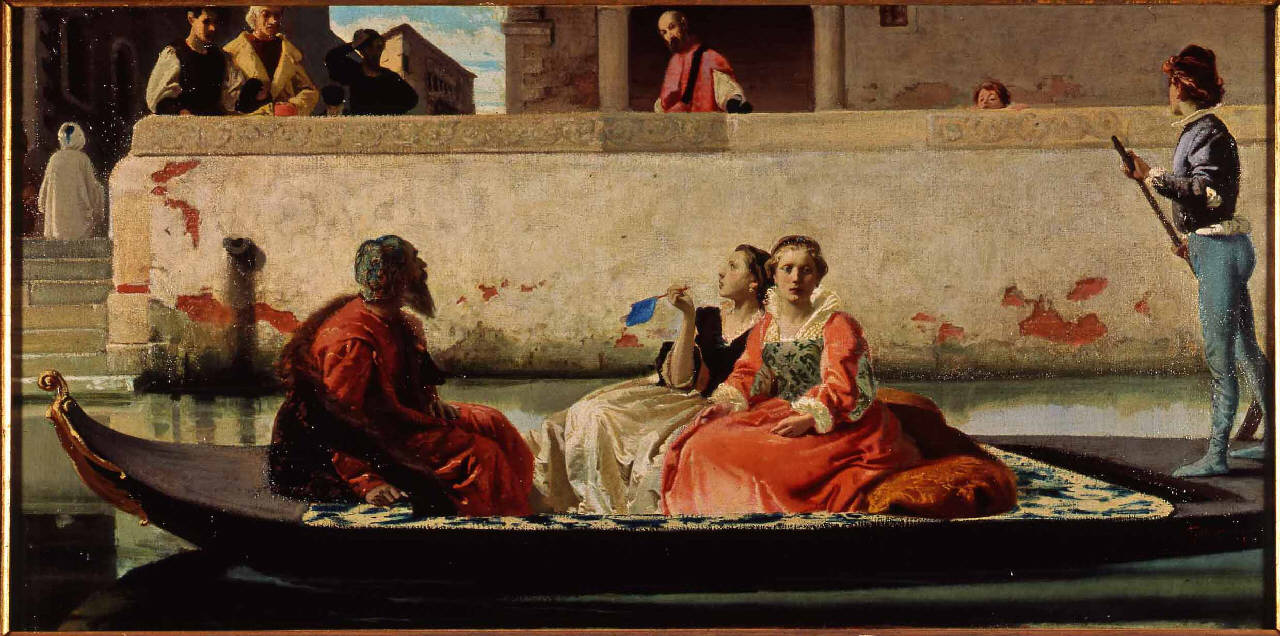 La gondola di Tiziano, figure femminili e maschili in gondola (dipinto) di Faruffini Federico (terzo quarto sec. XIX)