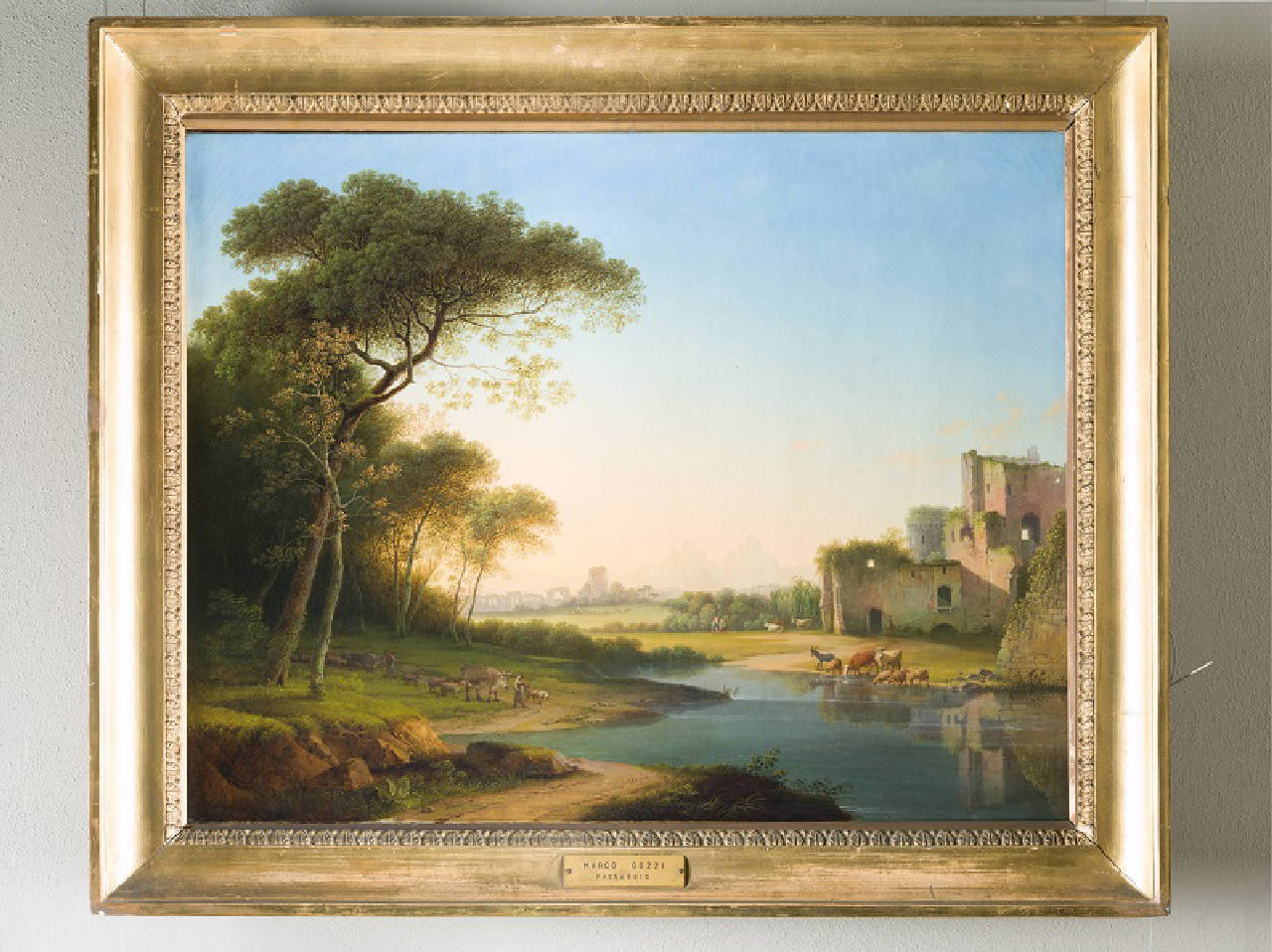 Paesaggio, ruderi e armenti presso un corso d'acqua che lambisce un bosco (dipinto) di Gozzi Marco (primo quarto sec. XIX)