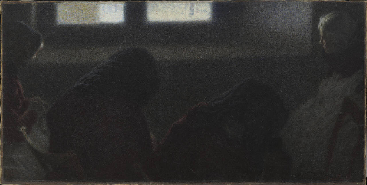 Inverno nel Pio Albergo Trivulzio, interno con figure (dipinto) di Morbelli Angelo (inizio sec. XX)