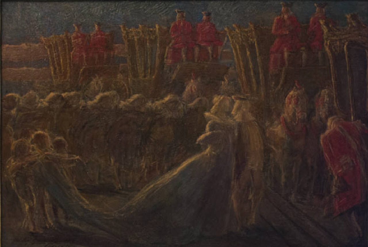 Il Re Sole, corteo di astanti al passaggio di regnanti (dipinto) di Previati Gaetano (fine sec. XIX)