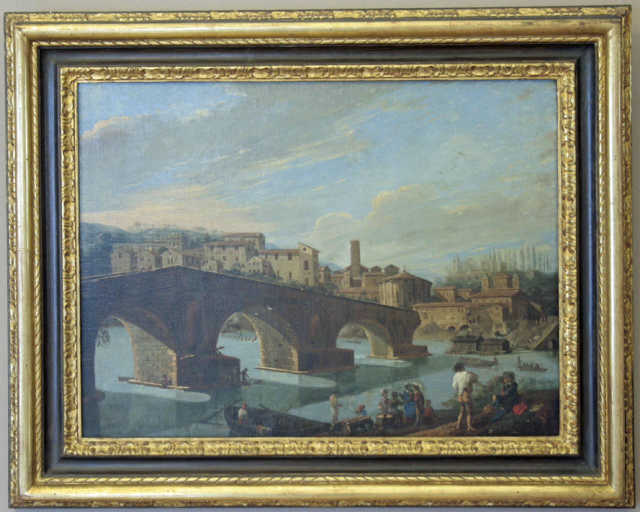 Roma, paesaggio fluviale, paesaggio fluviale (dipinto) - Scuola olandese (sec. XVIII)