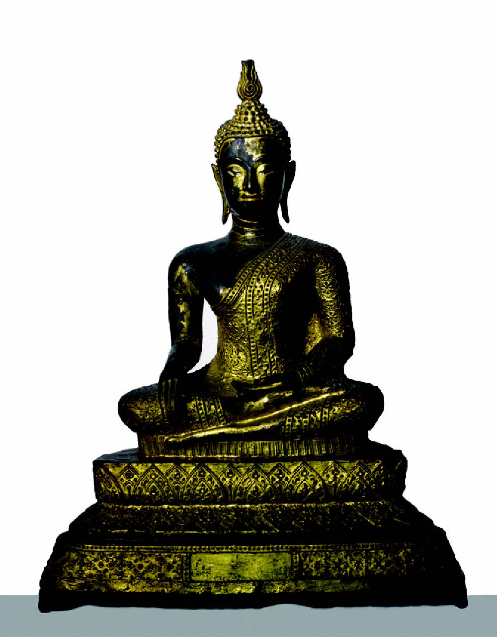 Buddha seduto sul trono di loto, nel gesto della testimonianza, Statua raffigurante Buddha seduto sul trono di loto, nel gesto della testimonianza (statua devozionale) - manifattura thailandese secc. XVIII/ XIX (secc. XVIII/ XIX)
