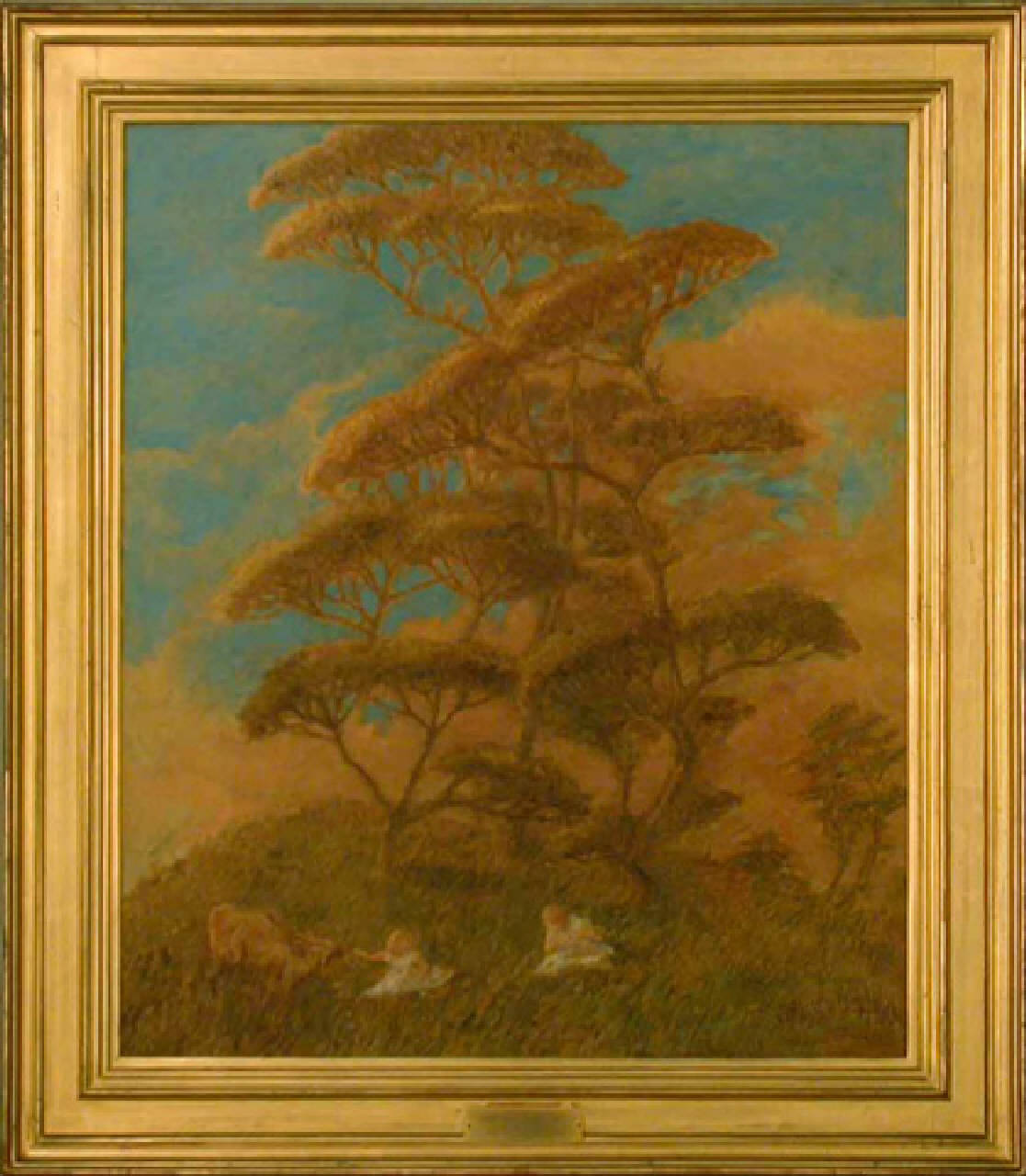 Meriggio (Pini di Liguria), paesaggio con figure (dipinto) di Previati Gaetano (inizio sec. XX)