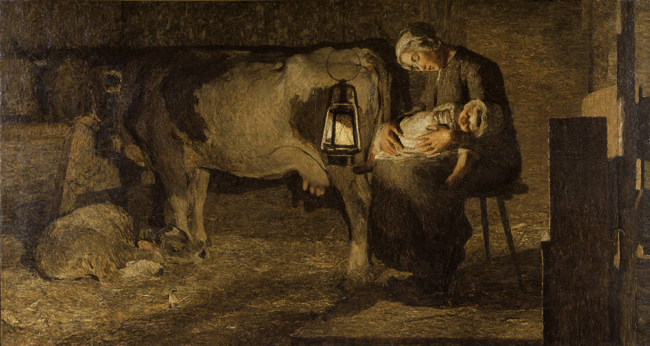 Le due madri, giovane donna tiene in grembo un bimbo addormentato all'interno di una stalla con una mucca e vitellino (dipinto) di Segantini Giovanni (fine sec. XIX)