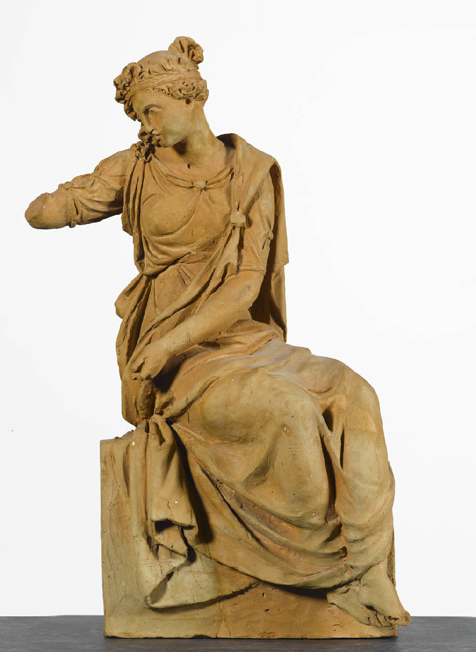 Filatrice, donna con abiti classicheggianti, seduta su un basamento (statua) di Pacetti Camillo (primo quarto sec. XIX)