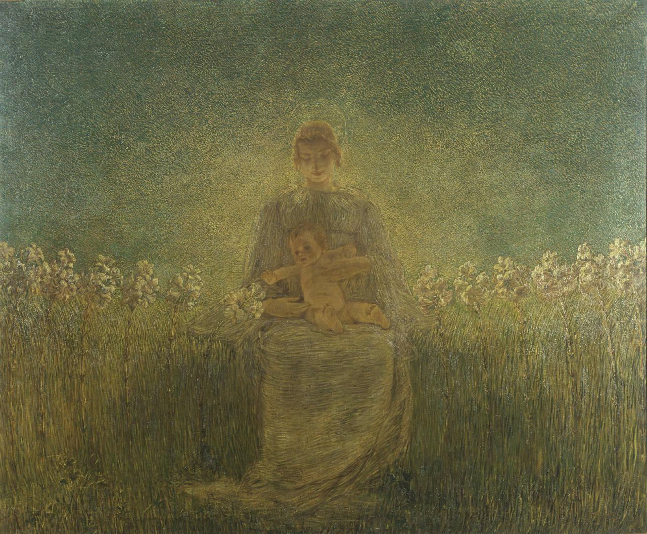 Madonna dei gigli, madonna seduta in un prato con in braccio il bambino, circondata da gigli (dipinto) di Previati Gaetano (fine sec. XIX)