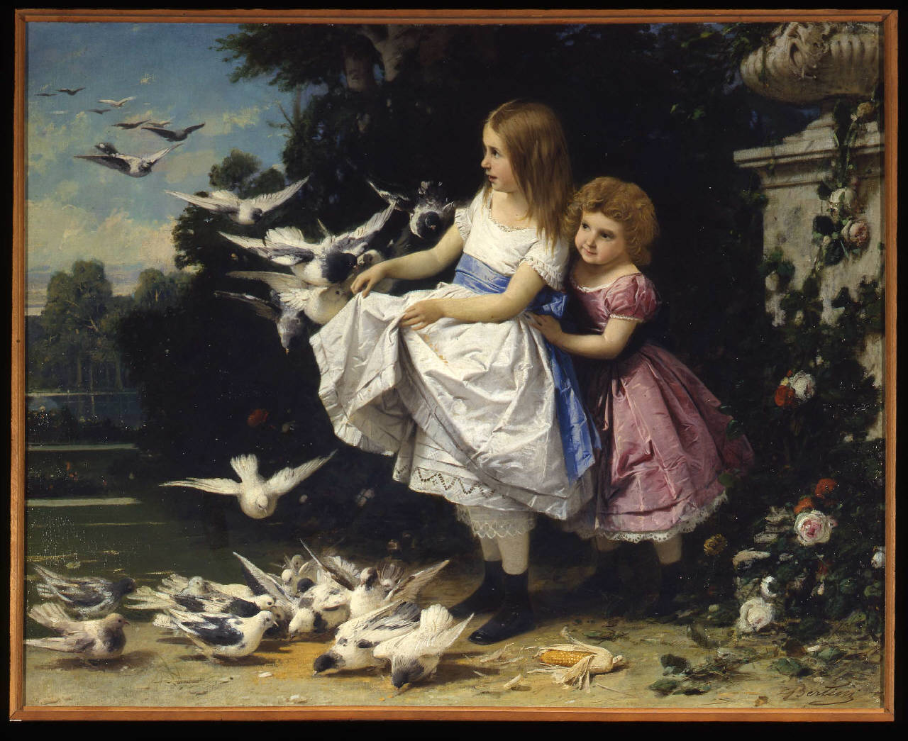 Fanciulle tra colombi in un giardino, fanciulle in giardino con colombi (dipinto) di Bertini Giuseppe (terzo quarto sec. XIX)