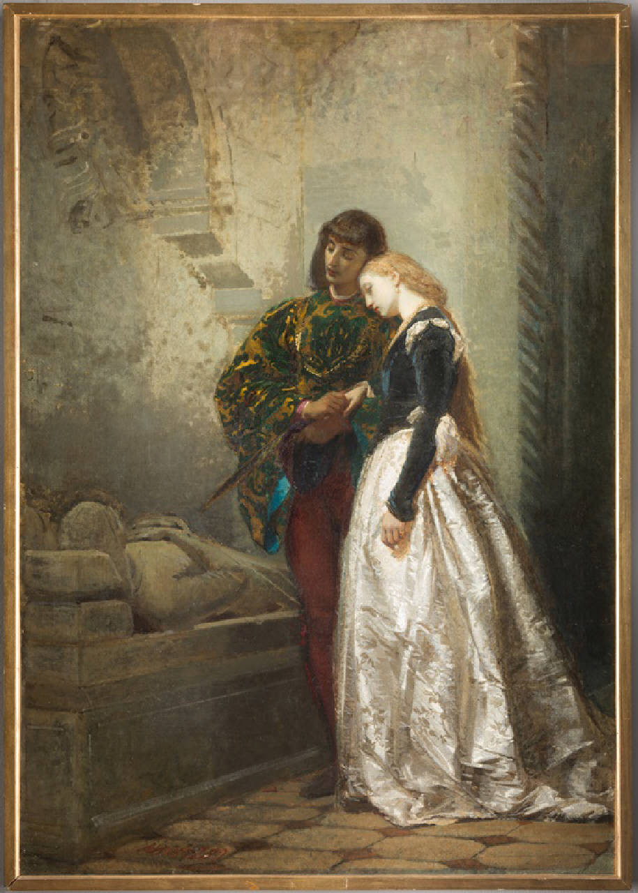 Una visita alla tomba di Giulietta e Romeo, figure (dipinto) di Cremona Tranquillo (terzo quarto sec. XIX)