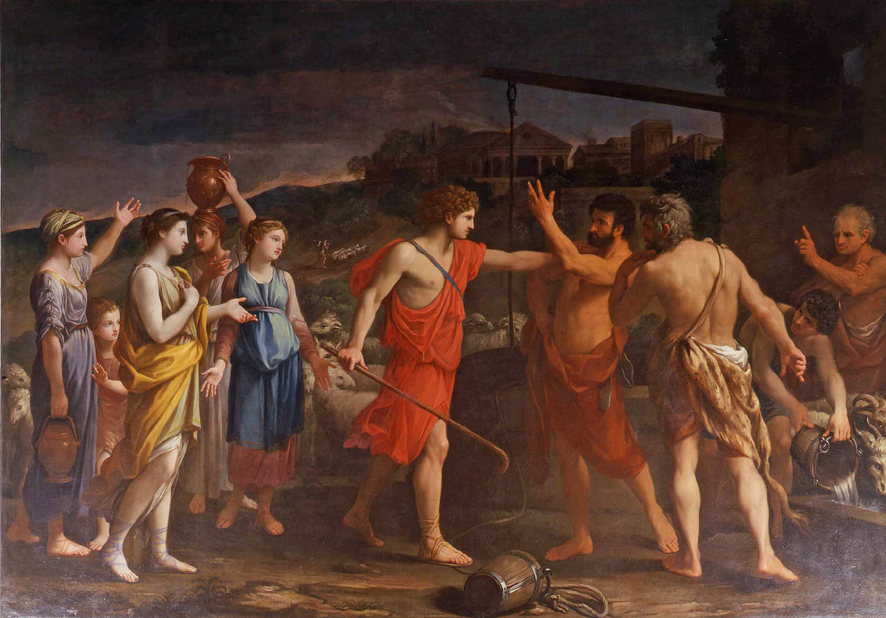 Mosè difende le figlie di Jetro, mose' difende le figlie di jetro (dipinto) - ambito francese (sec. XVII)