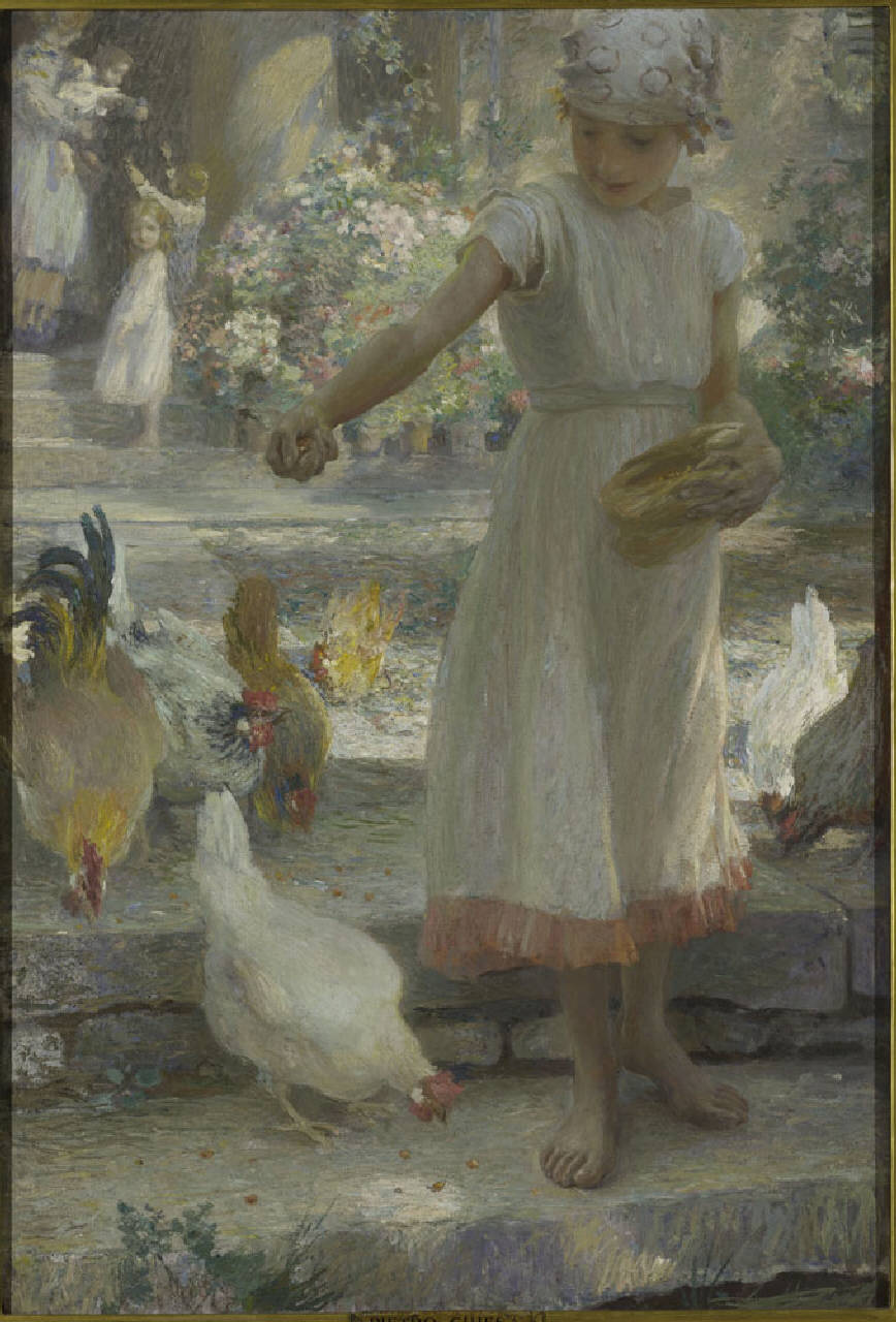 Mattino d'estate, bambina con galline (dipinto) di Chiesa Pietro (fine/inizio secc. XIX/ XX)