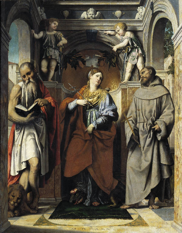 Santa Margherita d'Antiochia con i Santi Girolamo e Francesco d'Assisi (dipinto) di Bonvicino, Alessandro (secondo quarto sec. XVI)