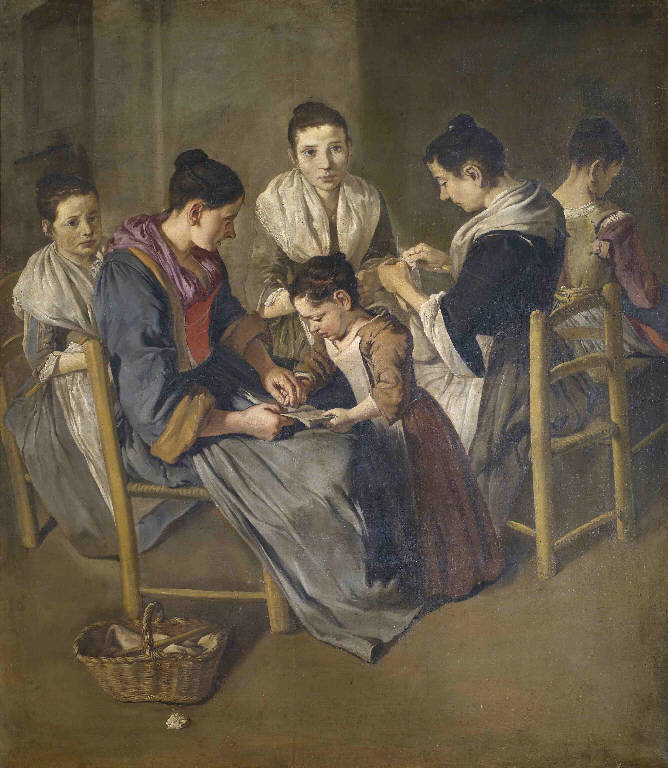 Scuola di ragazze, Figure femminili intente a cucire (dipinto) di Ceruti, Giacomo (primo quarto sec. XVIII)
