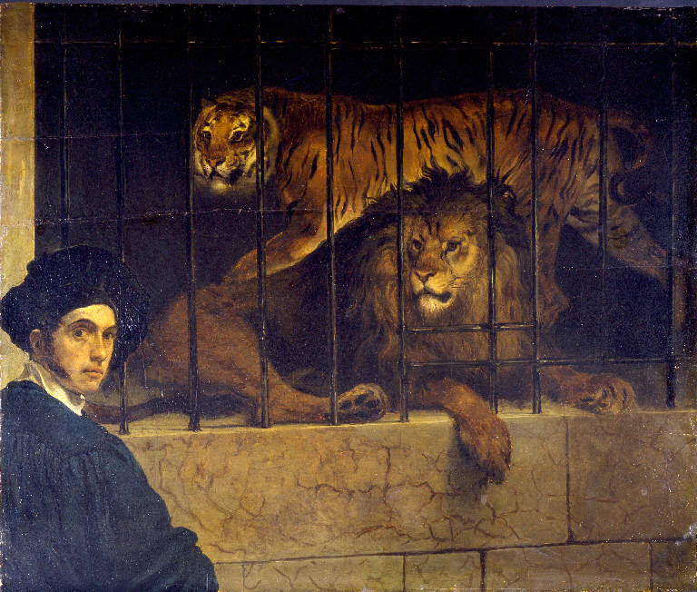 Autoritratto di Francesco Hayez con tigre e leone (dipinto) di Hayez Francesco (sec. XIX)