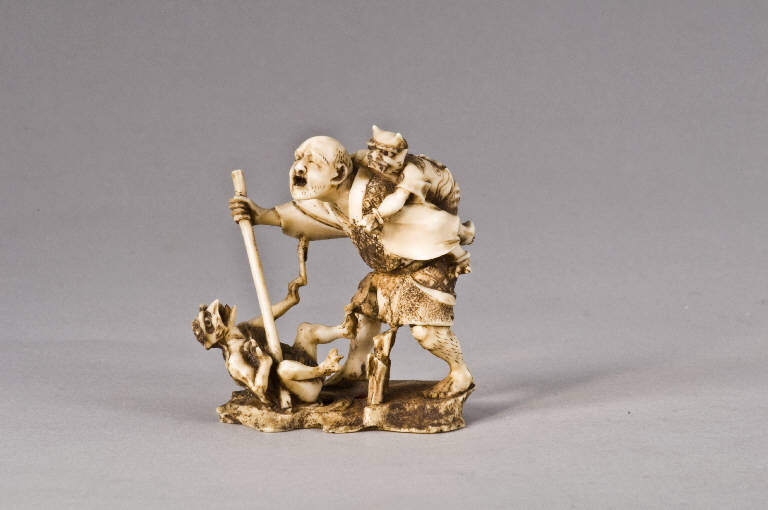 Cieco con oni e kappa, UOMO, DEMONE, CREATURA FANTASTICA (scultura) di Gyokusen (ultimo quarto sec. XIX)