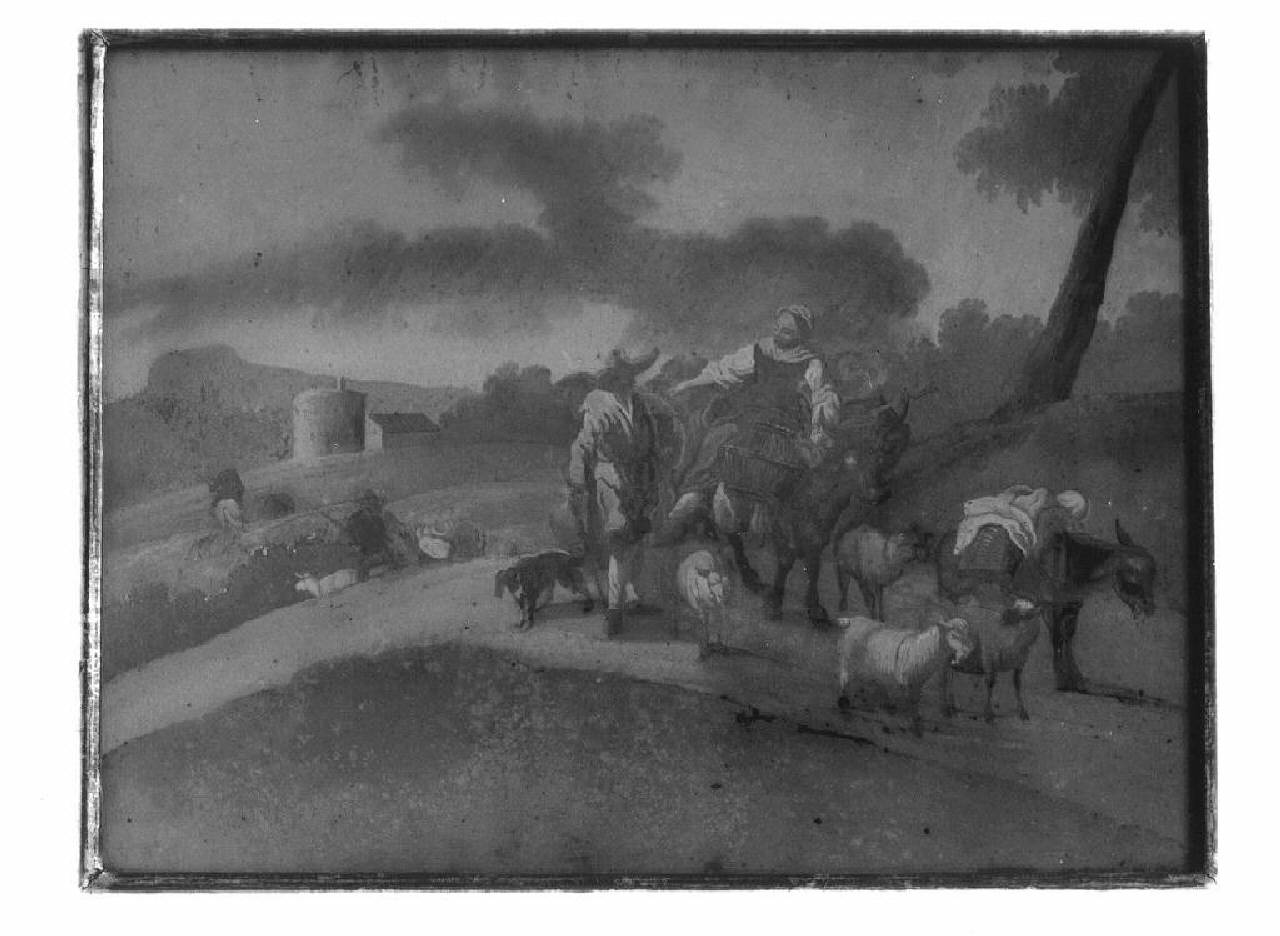 paesaggio con pastorella e contadino su un sentiero (dipinto) - Ambito veneziano (Seconda metà sec. XVIII)