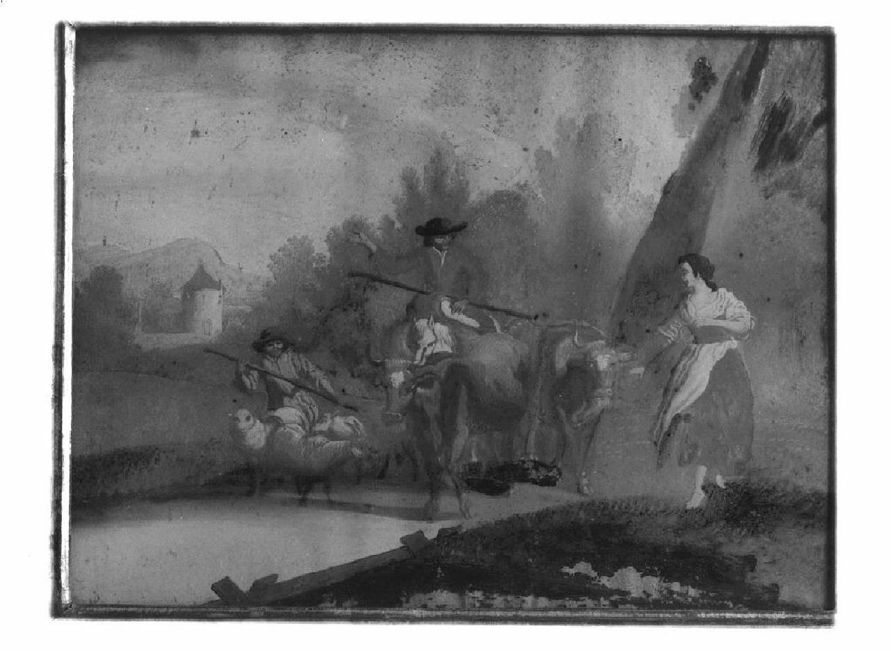 Pastori con gregge presso un laghetto (dipinto) - Ambito veneziano (seconda metà sec. XVIII)