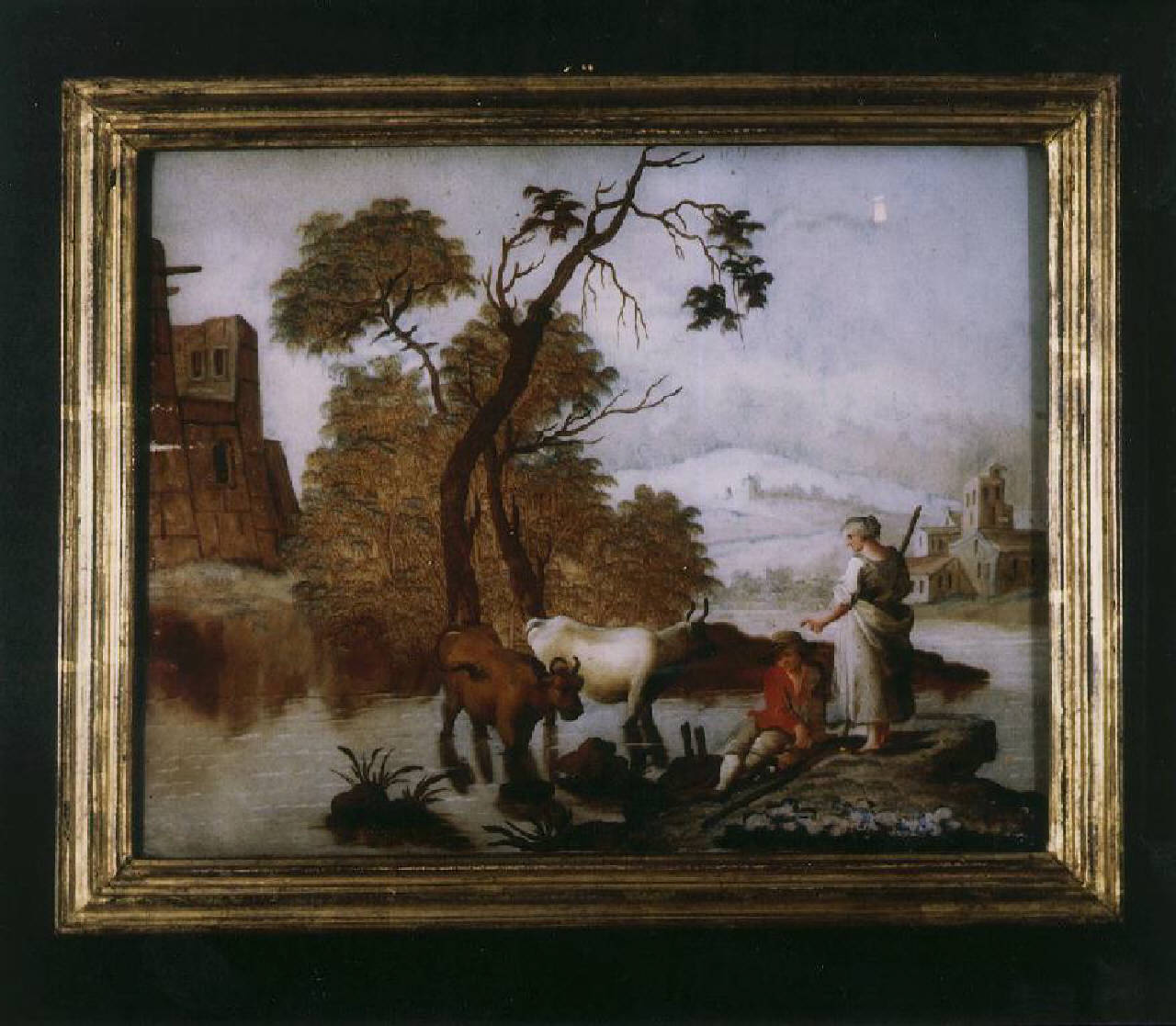 Coppia di pastori con mucche sulla riva di un fiume (dipinto) - Ambito veneziano (seconda metà sec. XVIII)