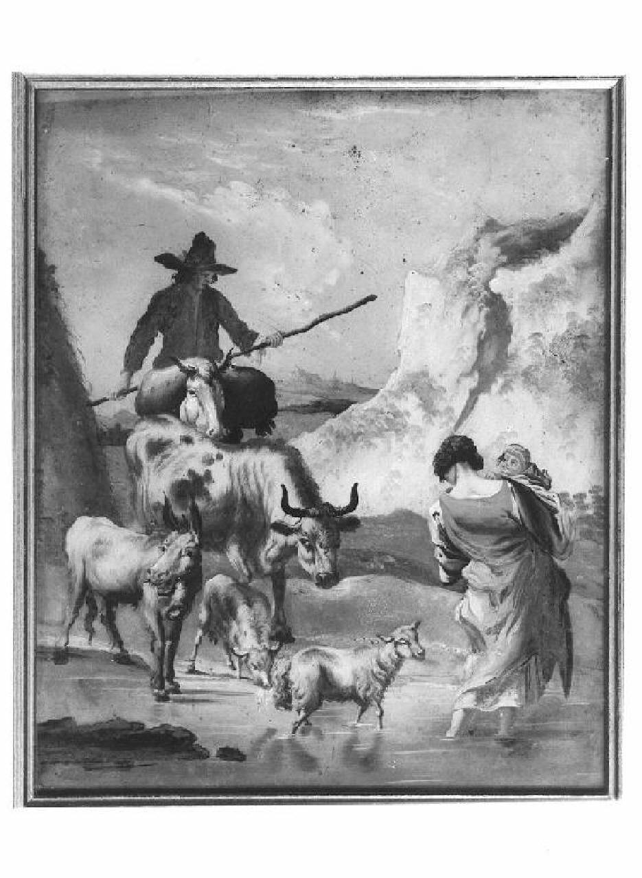 Coppia di pastori con bambino e animali guadano un torrente (dipinto) - Ambito veneziano (seconda metà sec. XVIII)
