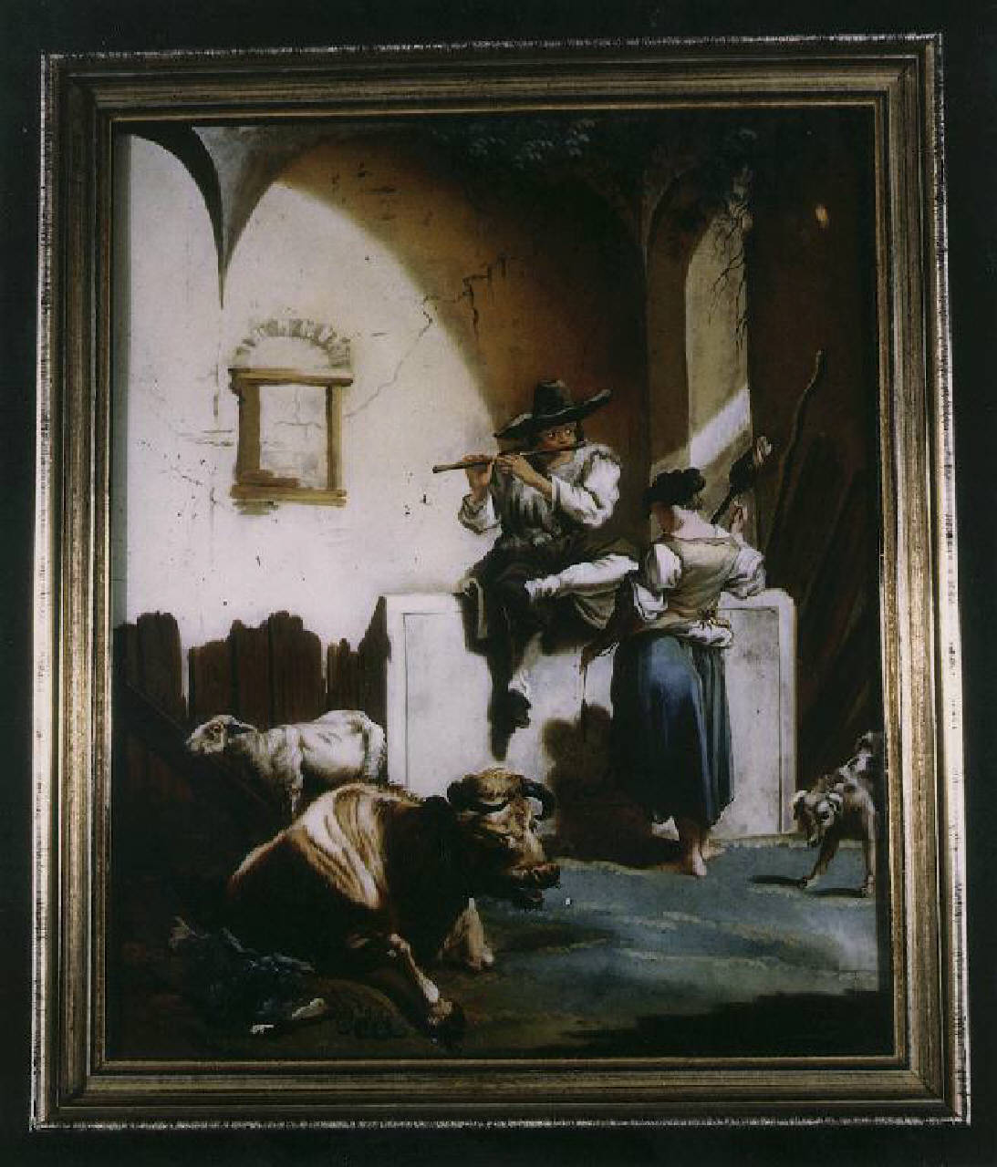 Pastore con flauto e contadina in una stalla (dipinto) - Ambito veneziano (sec. XVIII)