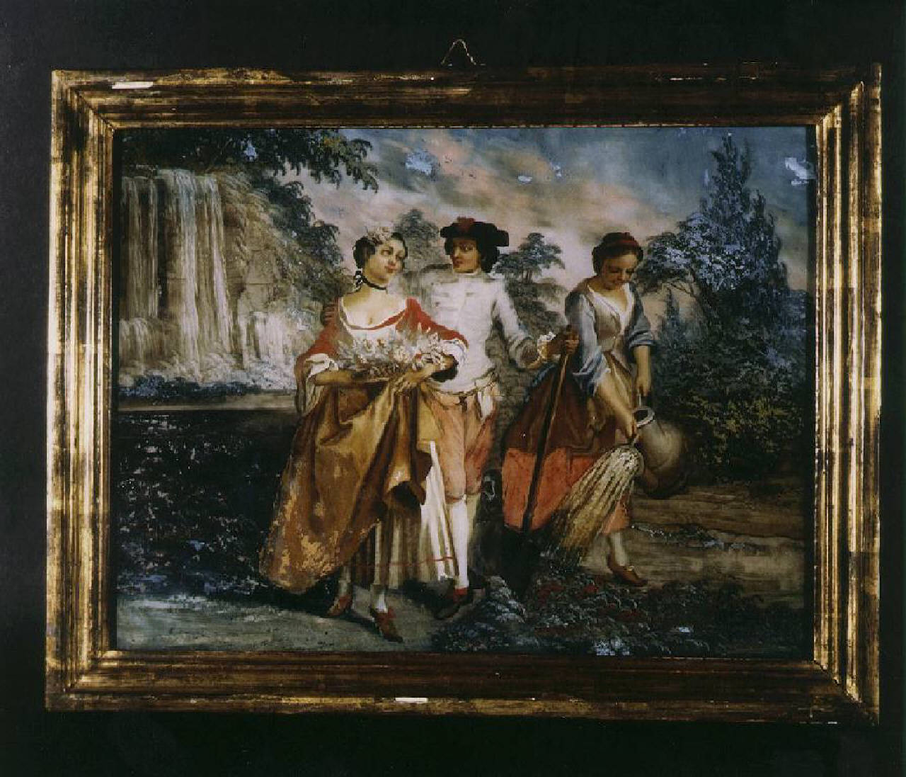 Tre figure in un giardino fiorito (allegoria della primavera?) (dipinto) - Ambito veneziano (metà sec. XVIII)