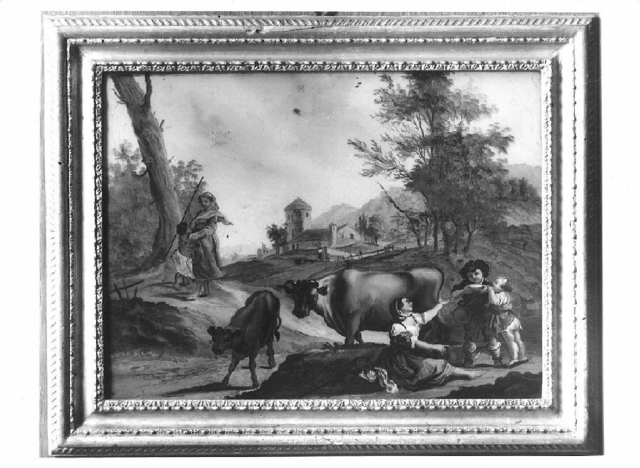 paesaggio con contadine, mucche e bambini (dipinto) - Ambito veneziano (seconda metà sec. XVIII)