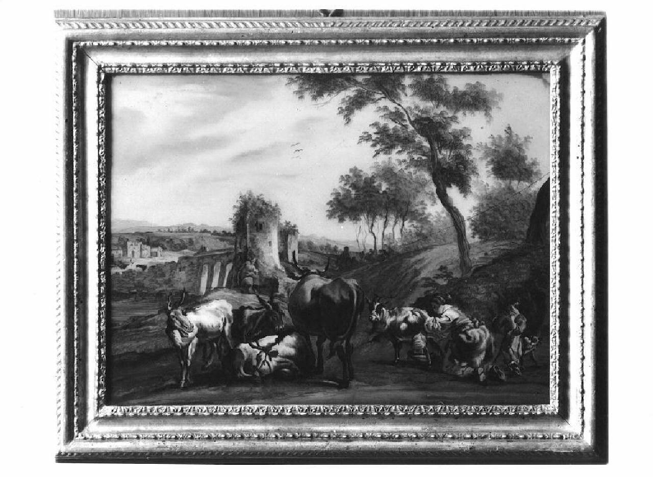 Scena di mungitura in un paesaggio (dipinto) - Ambito veneziano (seconda metà sec. XVIII)