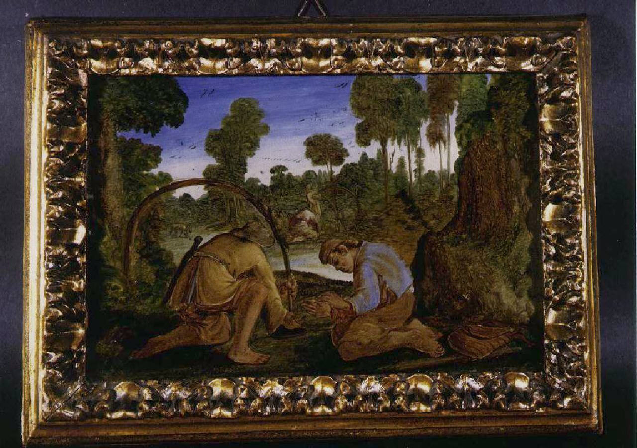 Cacciatori che tendono trappole (dipinto) - Ambito fiammingo (inizio sec. XVIII)