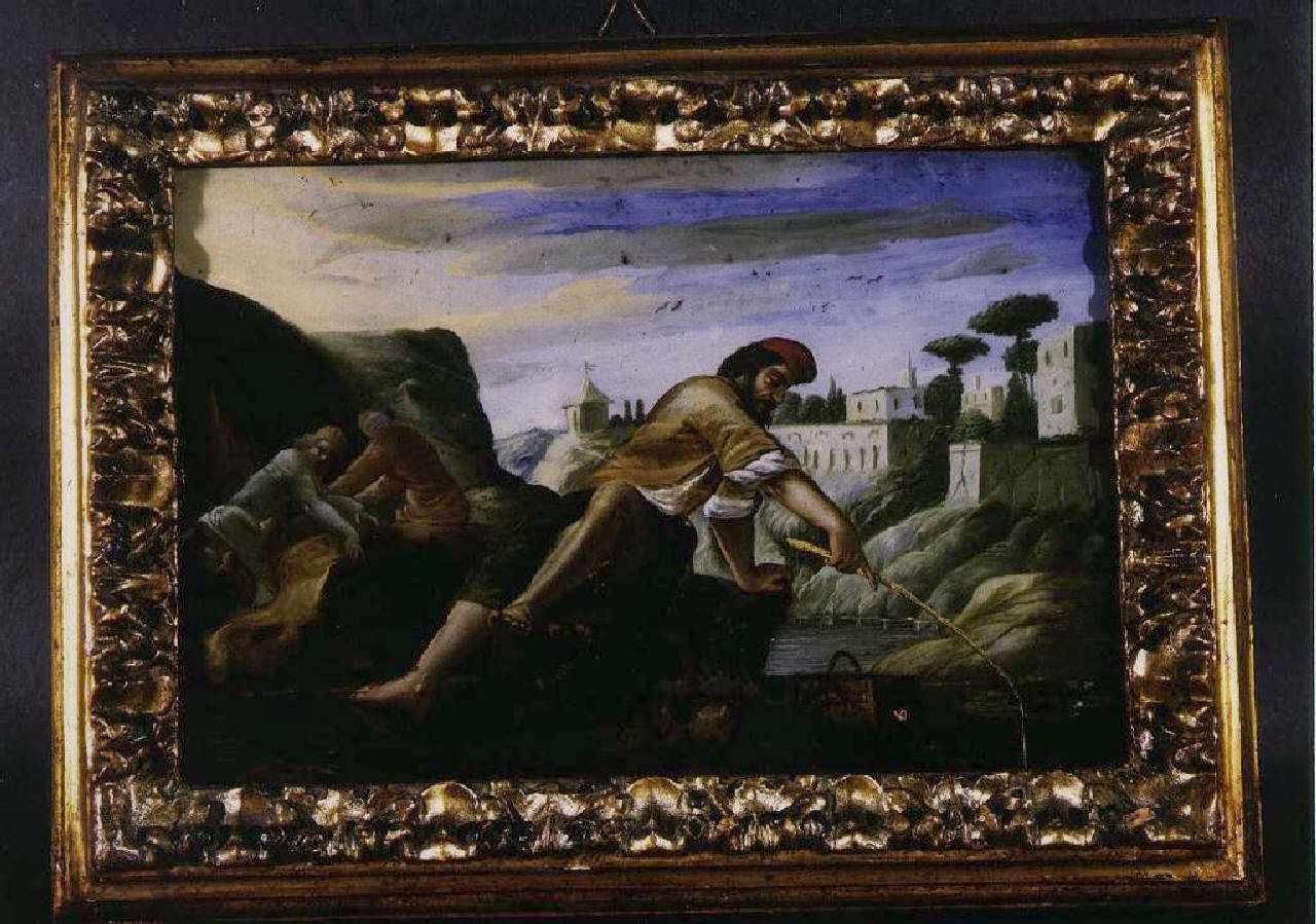 Pescatore in un paesaggio fluviale (dipinto) - Ambito fiammingo (inizio sec. XVIII)