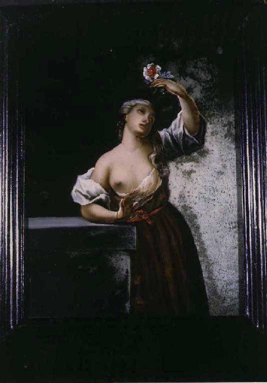 Figura femminile con fiore (Olfatto?) (dipinto) - Ambito veneziano (metà sec. XVIII)