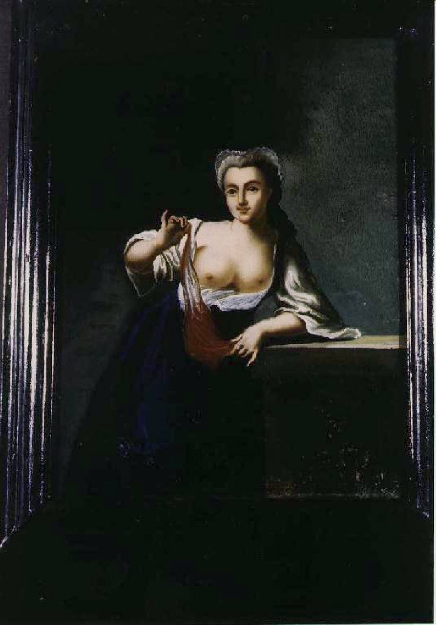Figura femminile con drappo rosso (uno dei cinque sensi?) (dipinto) - Ambito veneziano (metà sec. XVIII)