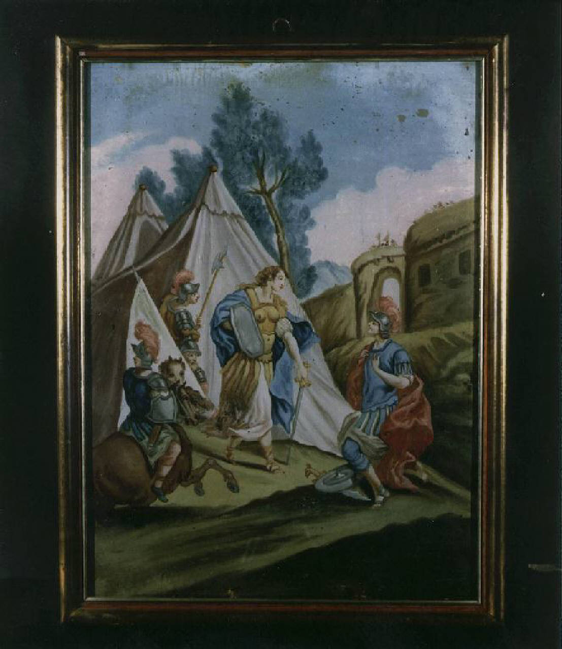 Soldato in ginocchio davanti a una donna guerriero (dipinto) - Ambito veneziano (sec. XVIII)