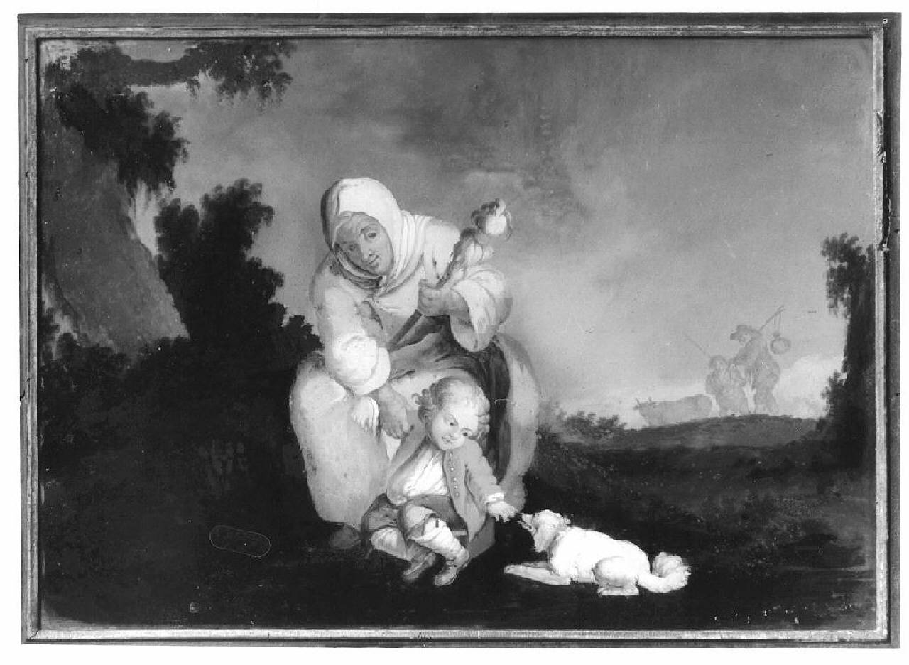 Donna che fila con bambino e cane in un paesaggio (dipinto) (sec. XVIII)