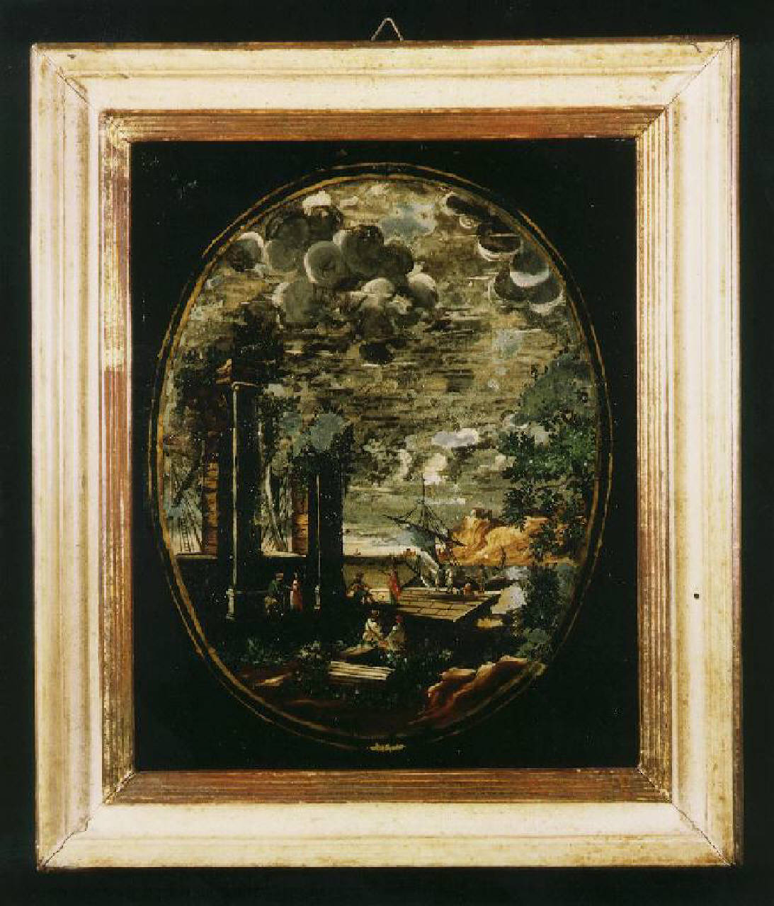 paesaggio con rovine classiche e nave allo scalo (dipinto) - Ambito dell'Italia Settentrionale (sec. XVIII)