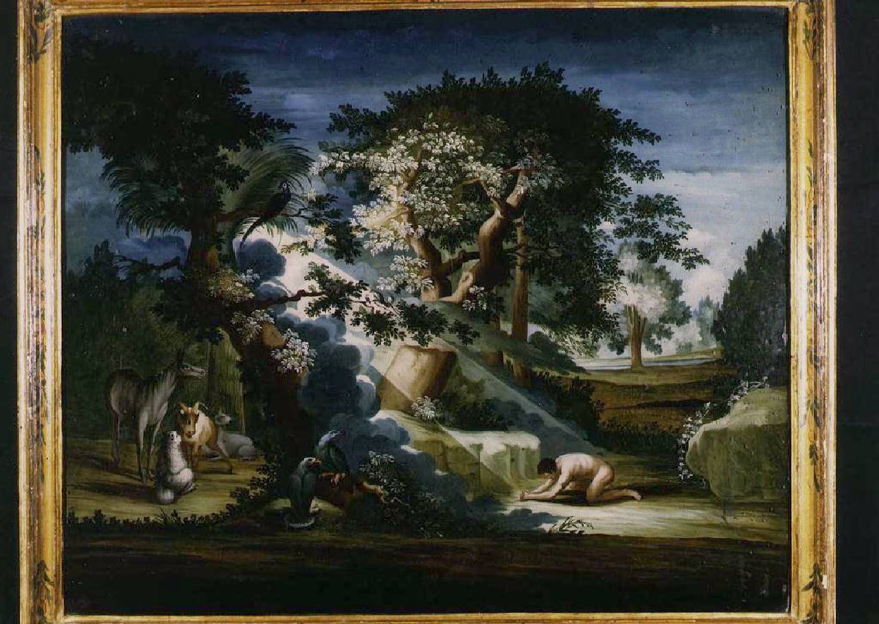 Adamo nel paradiso terrestre (Creazione di Adamo?) (dipinto) - Ambito veneziano (metà sec. XVIII)