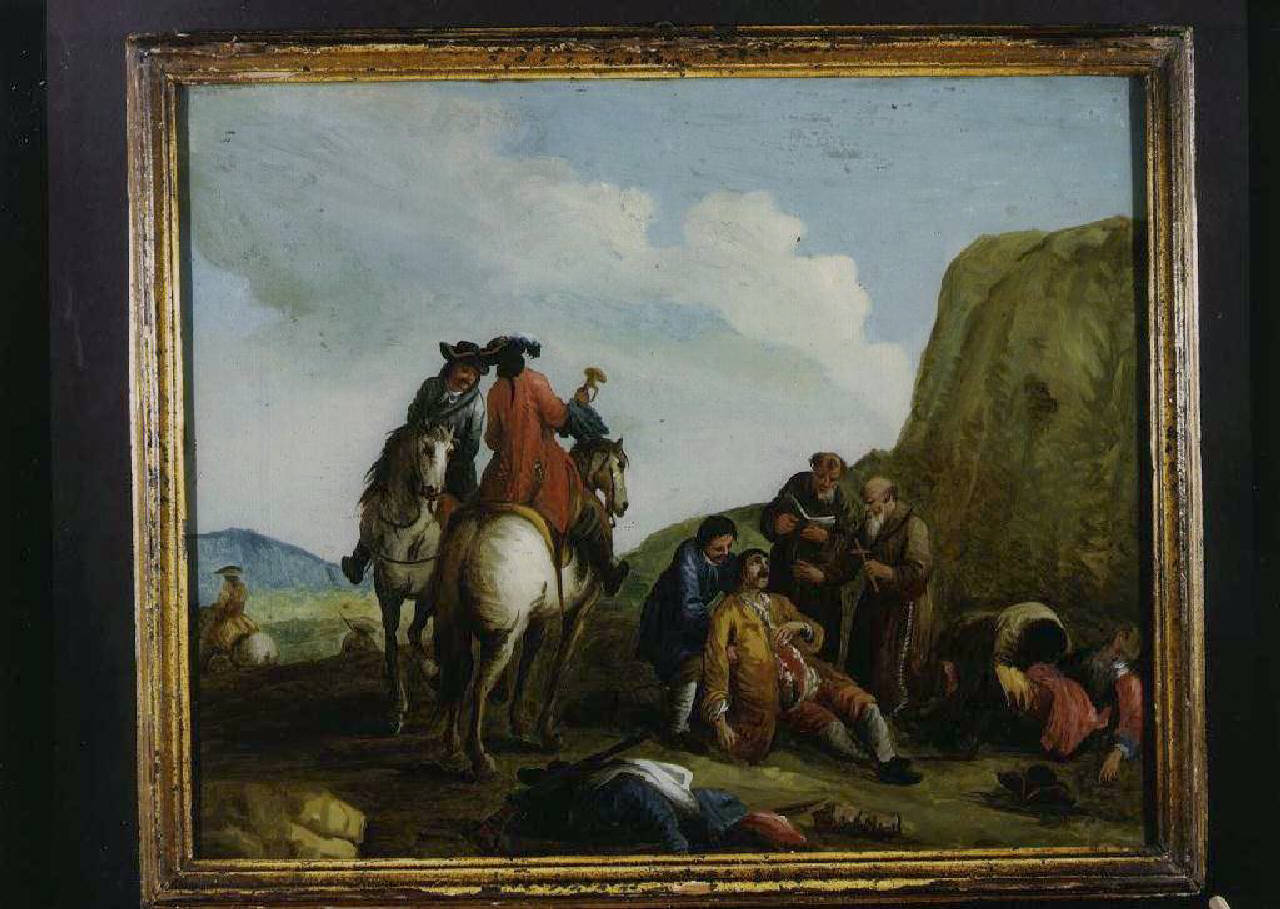 Soldato morente assistito da due monaci (dipinto) - Ambito italiano (secondo quarto sec. XVIII)