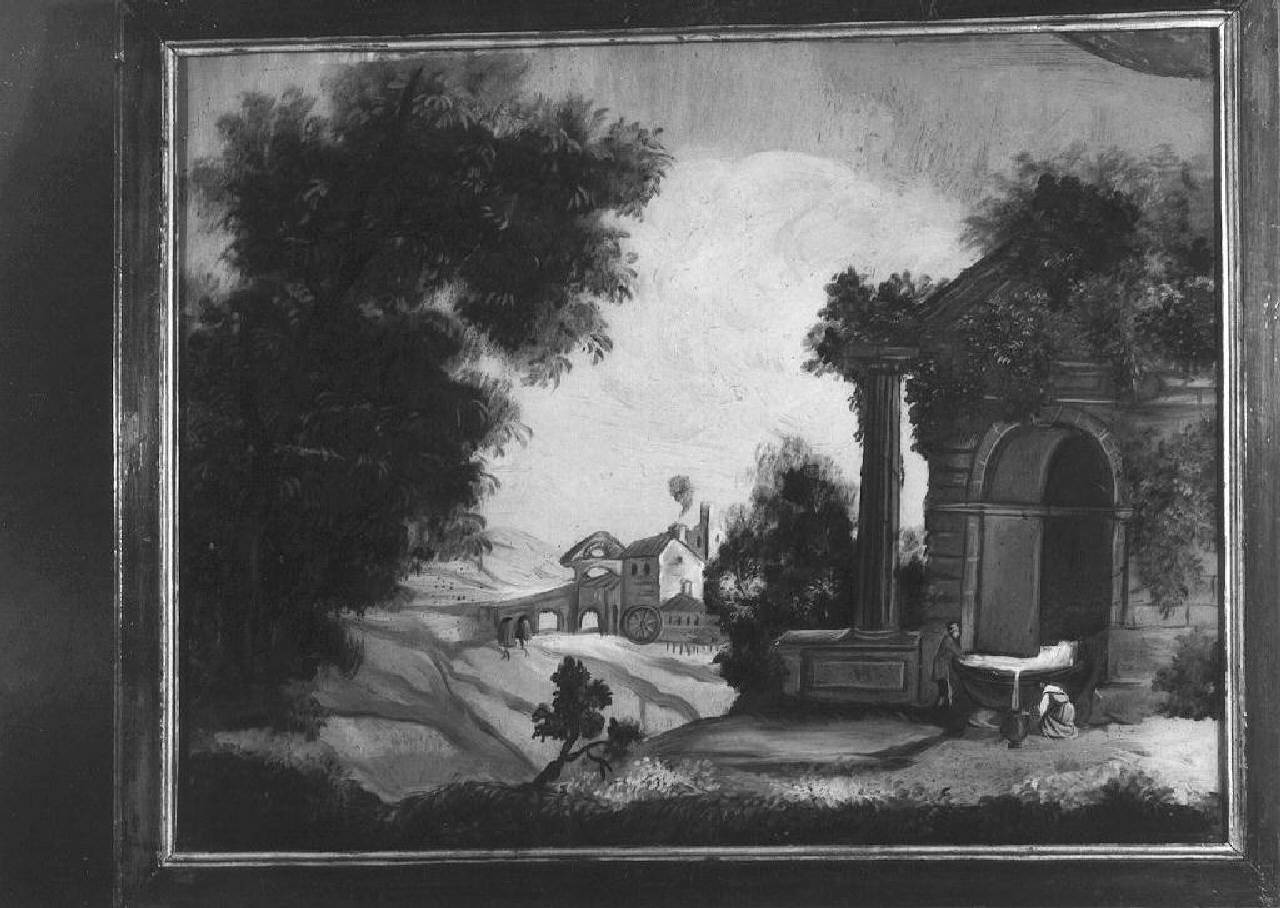 paesaggio con fontana e figure (dipinto) - Ambito dell'Italia Settentrionale (metà sec. XVIII)