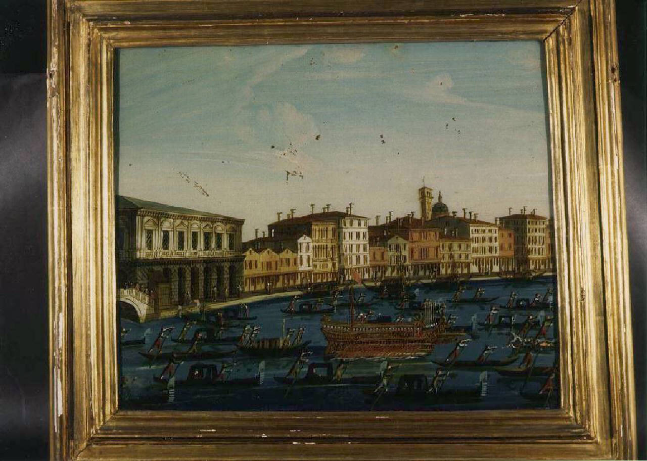 Il Bacino di San Marco con la riva degli Schiavoni e il Bucintoro (dipinto) - Ambito veneziano (sec. XVIII)