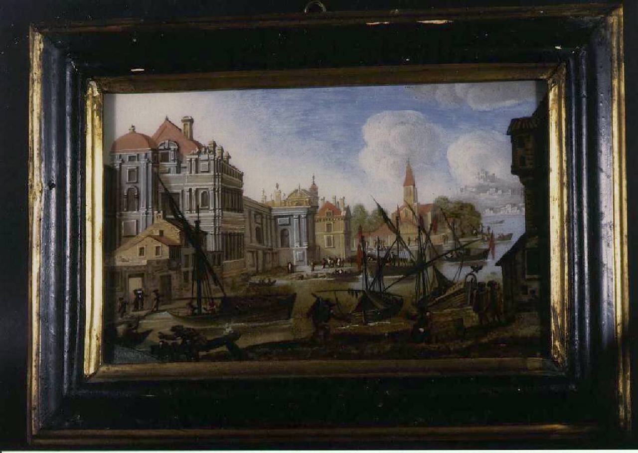 veduta di paese con porto (dipinto) - Ambito olandese (sec. XVIII)