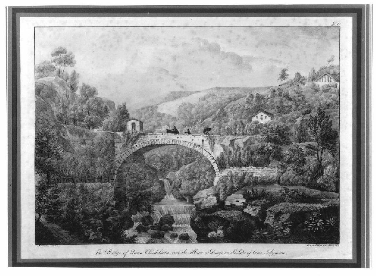veduta dintorni del lago di Como, Il ponte della regina Teodolinda a Dongo (stampa) di Colston Marianne (sec. XIX)
