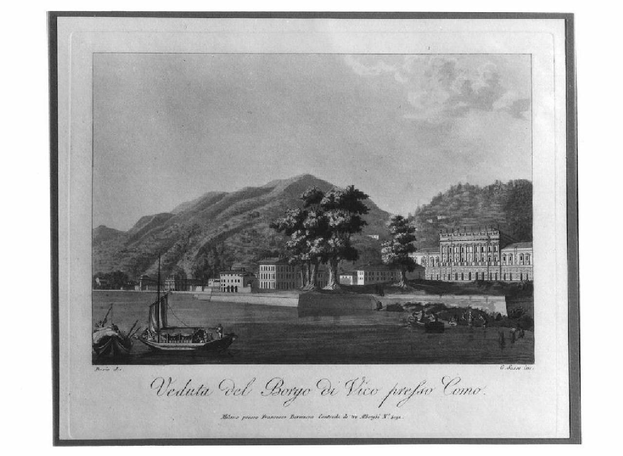 veduta del Lago di Como, Borgo Vico. (stampa) di Sasso, Giovanni Antonio (Primo quarto sec. XIX)