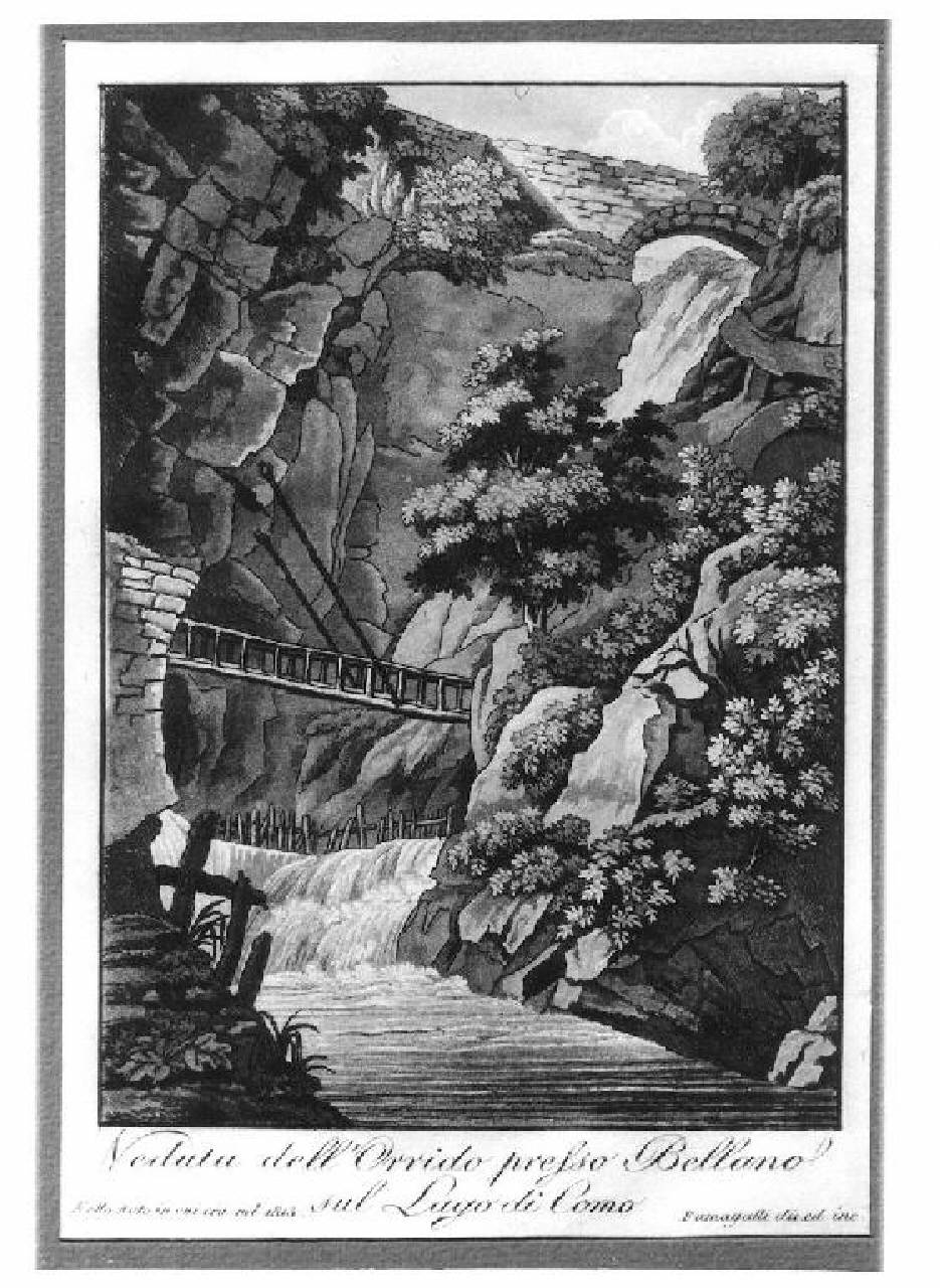 veduta del lago di Como, l'Orrido di Bellano. (stampa) di Fumagalli Paolo (sec. XIX)