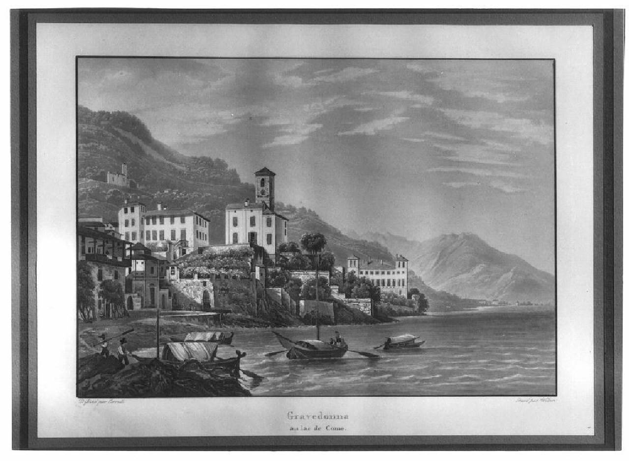 veduta del lago di Como, Gravedona. (stampa) di Weber F. (sec. XIX)