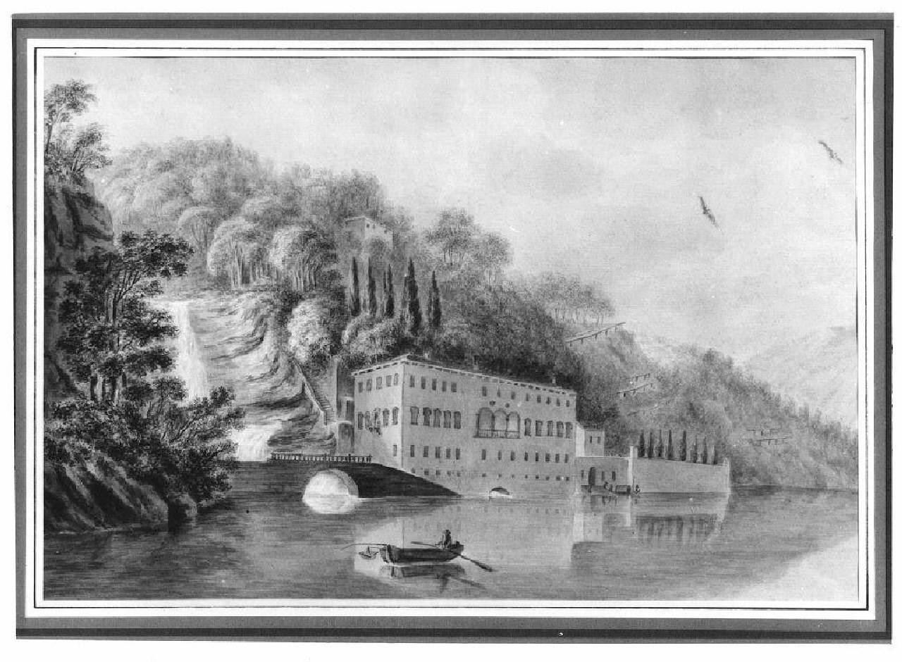 veduta del lago di Como, villa Pliniana. (dipinto) - Ambito italiano (sec. XIX)