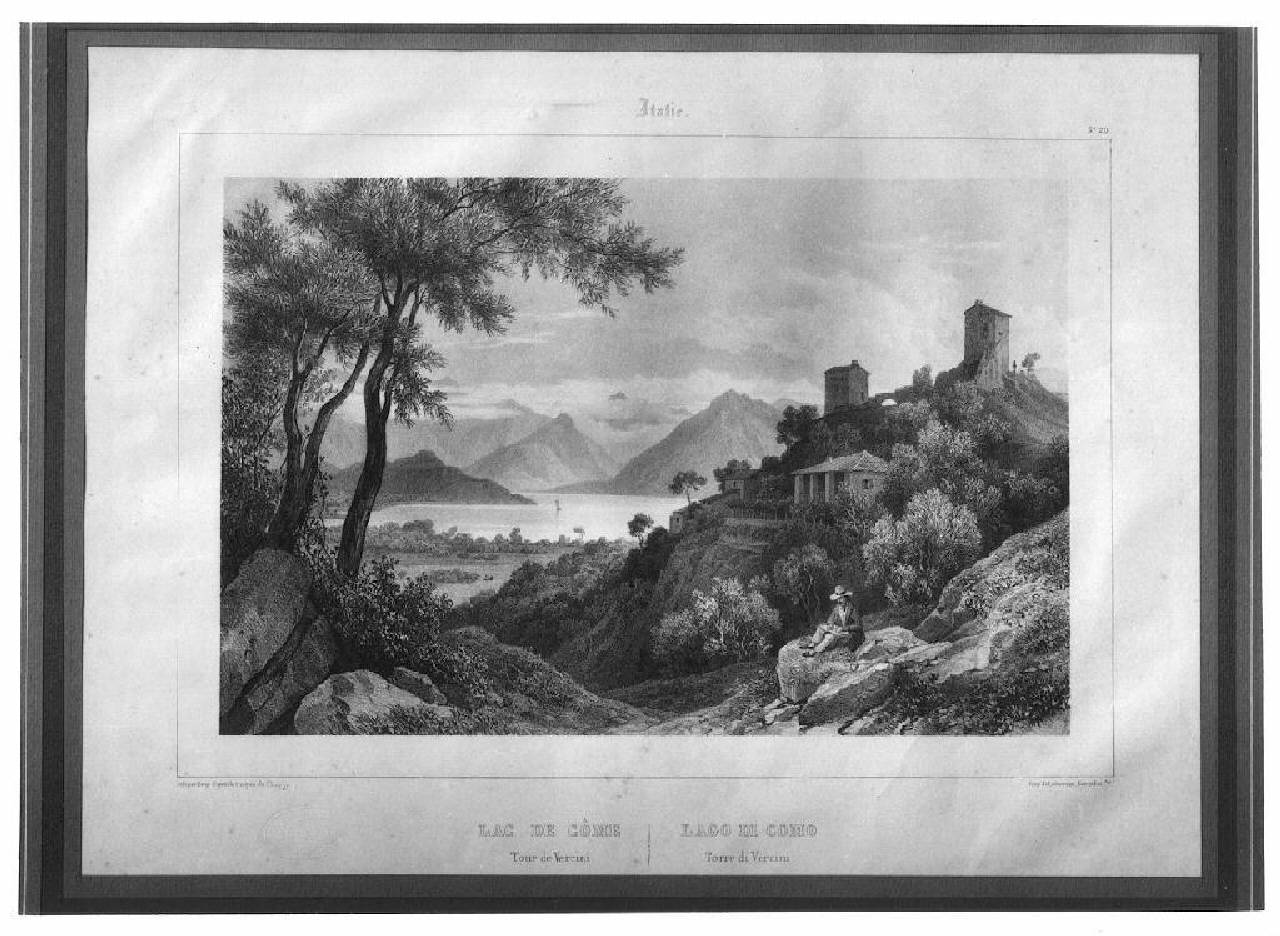 veduta del lago di Como, Torre di Vercini (stampa) di Deroy Laurent Isidore (sec. XIX)