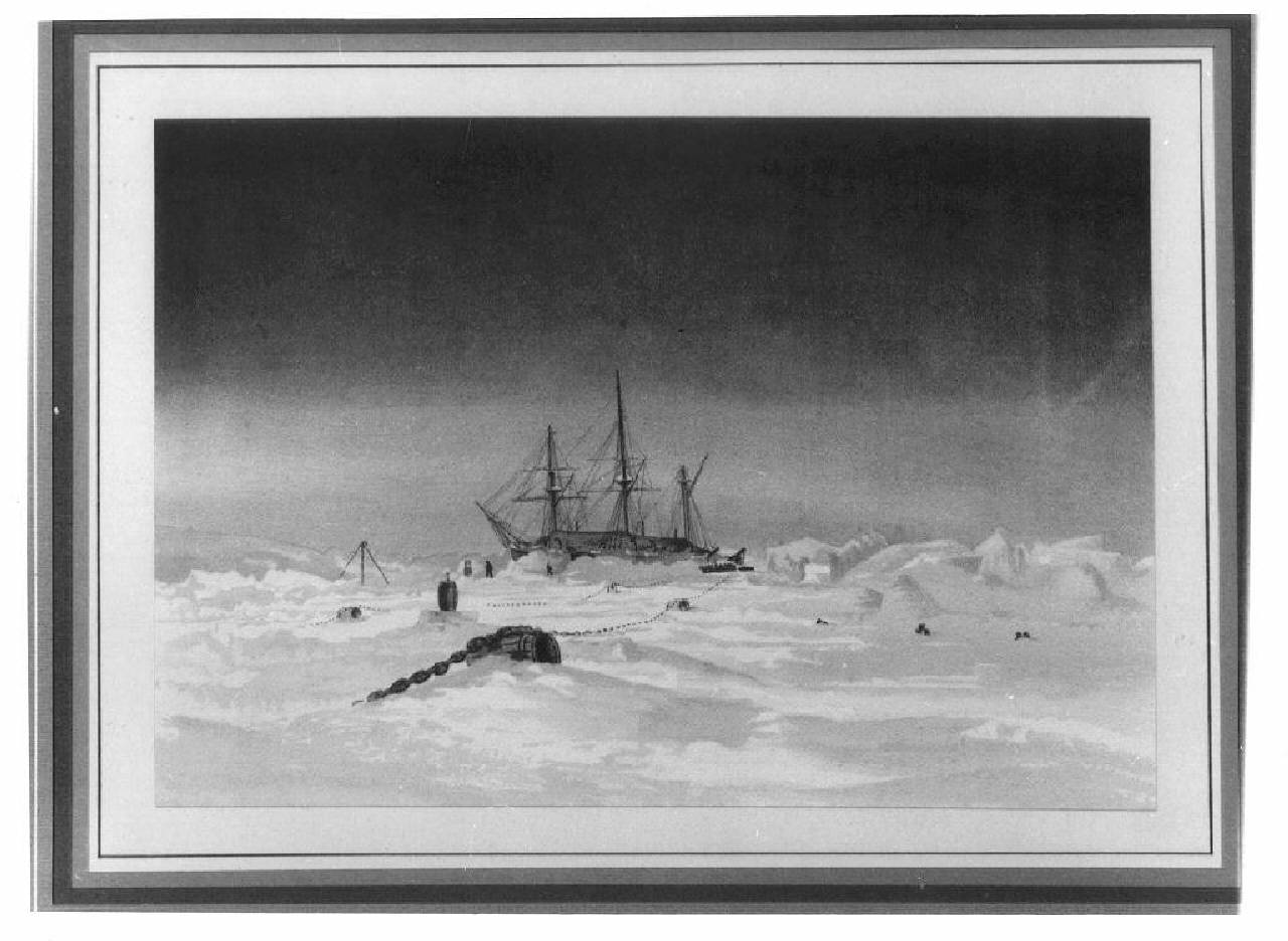 paesaggio polare con relitto di nave. (stampa) - produzione inuit (sec. XX)