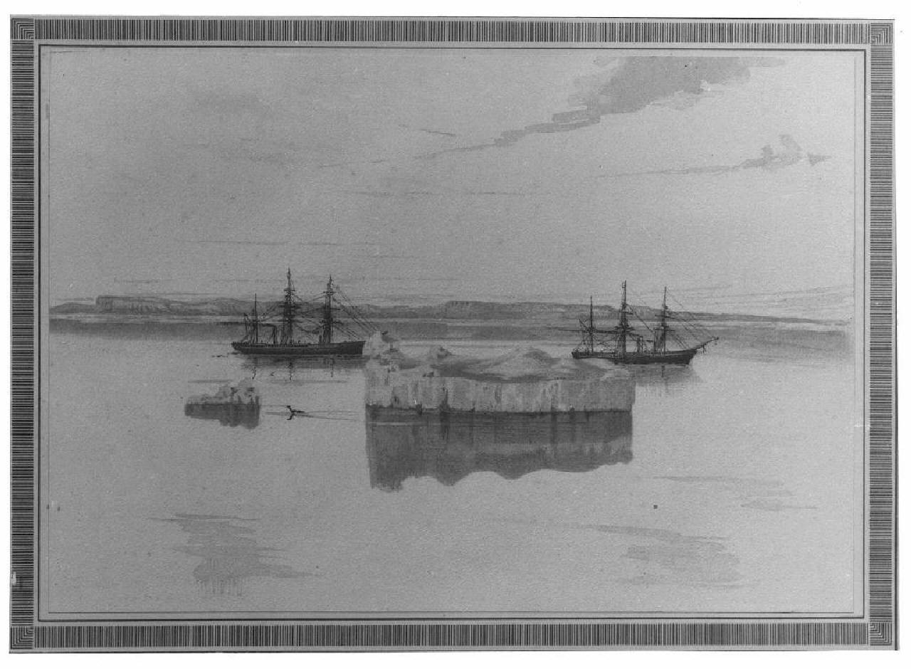paesaggio polare con iceberg e navi. (stampa) - produzione inuit (sec. XX)